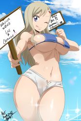 Rule 34 | 1girl, bikini, blonde hair, blue eyes, breasts, closed mouth, eden&#039;s zero, hair ornament, highres, large breasts, long hair, navel, ocean, one eye closed, rebecca bluegarden, swimsuit, the amazing gambit, tongue, tongue out