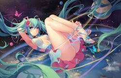 Rule 34 | 1girl, absurdly long hair, ahoge, aqua eyes, armpits, artist name, atdan, bad id, bad pixiv id, breasts, bug, butterfly, feet, flower, gradient background, green hair, hair flower, hair ornament, hatsune miku, heart, heart-shaped pupils, high heels, insect, long hair, looking at viewer, md5 mismatch, panties, sandals, shoes, sideboob, skirt, smile, solo, symbol-shaped pupils, toeless footwear, toes, twintails, underwear, very long hair, vocaloid