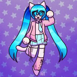 Rule 34 | 1girl, :3, anaglyph, animal ears, aqua hair, blue eyes, blue hair, blue skirt, boots, cat ears, cat girl, cat tail, chromatic aberration, cross-laced footwear, gradient background, hatsune miku, heart, highres, jacket, knee boots, lace-up boots, leg up, long hair, necktie, open mouth, paw pose, pink footwear, pink jacket, pleated skirt, signature, skirt, solo, springy, standing, star (symbol), starry background, tail, thighhighs, twintails, very long hair, vocaloid