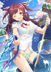 Rule 34 | 1girl, ;d, bikini, bikini under clothes, black skirt, blue sky, broom, bubble, bucket, chain-link fence, clothes pull, cloud, collared shirt, day, empty pool, fence, frilled bikini, frills, gluteal fold, green bikini, hair ribbon, highres, holding, holding broom, hose, long hair, looking at viewer, moe2018, one eye closed, open mouth, original, outdoors, plaid, plaid bikini, pool, pool ladder, red eyes, red ribbon, ribbon, see-through, shirt, short sleeves, skirt, skirt pull, sky, smile, soap bubbles, solo, splashing, standing, sunlight, swimsuit, thighs, two side up, v-shaped eyebrows, water, wet, wet clothes, wet shirt, white shirt, yoshino ryou