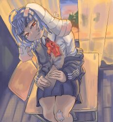Rule 34 | :3, @ @, absurdres, ahoge, animal ears, bandage on knee, bandages, blouse, blue hair, blue skirt, blunt bangs, classroom, curtains, desk, dutch angle, heart, highres, holding, holding another&#039;s arm, holding heart, indie virtual youtuber, jacket, light blue hair, looking at viewer, lop rabbit ears, off-shoulder jacket, off shoulder, on desk, para (vtuber), para (vtuber) (3rd costume), pleated skirt, rabbit ears, rabbit girl, red eyes, shirt, short hair, sitting, skirt, track jacket, virtual youtuber, white shirt, window, yohkneesun
