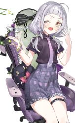 Rule 34 | 1girl, absurdres, ahoge, belt, blush, breasts, chair, controller, game controller, gaming chair, grey skirt, highres, holding, holding controller, holding game controller, hololive, long hair, looking at viewer, low twintails, murasaki shion, murasaki shion (school uniform), necktie, official alternate costume, one eye closed, open mouth, parted bangs, pink necktie, pleated skirt, purple shirt, ryoma (rym 369), shiokko (murasaki shion), shirt, short eyebrows, sidelocks, skirt, small breasts, swivel chair, thigh belt, thigh strap, twintails, virtual youtuber, yawning, yellow eyes