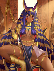 Rule 34 | 1girl, absurdres, animal ears, blonde hair, boots, bracelet, breasts, dark-skinned female, dark skin, egyptian, egyptian clothes, facepaint, facial mark, fate/grand order, fate (series), hairband, hieroglyphics, highres, jackal ears, jewelry, large breasts, loincloth, long hair, mag (huangmag), md5 mismatch, multicolored hair, navel, nitocris (fate), pelvic curtain, purple eyes, purple hair, resolution mismatch, sitting, smile, solo, source smaller, staff, thighlet, two-tone hair, underboob, very long hair