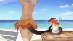 Rule 34 | back, bikini, bikini skirt, cocktail umbrella, cup, day, drinking glass, flat chest, frilled panties, frills, from behind, highres, legs, lizard tail, monster girl, ocean, outdoors, paintrfiend, panties, prehensile tail, side-tie bikini bottom, side-tie panties, solo, standing, swimsuit, tail, thigh gap, topless, underwear, white hair