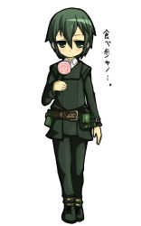 Rule 34 | 00s, 1girl, artist request, belt, blush, candy, child, dress shirt, female focus, food, formal, full body, green eyes, green hair, kino (kino no tabi), kino no tabi, lollipop, matching hair/eyes, pouch, shirt, short hair, simple background, solo, suit, text focus, translation request, white background