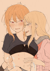 Rule 34 | 2girls, absurdres, bite mark, blonde hair, commentary request, hickey, highres, looking at another, looking to the side, miyama09215, multiple girls, orange hair, original, parted lips, purple eyes, red eyes, sweat, teeth, tongue, trembling, upper teeth only, yuri