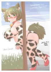 Rule 34 | 1girl, absurdres, animal ear fluff, animal ears, animal print, artist name, bare shoulders, bell, bikini, blush, border, breasts, character name, closed mouth, collar, commission, cow print, cow print bikini, cowbell, dated, dog girl, elbow gloves, english text, fang, fingerless gloves, flower, full body, furrowed brow, glasses, gloves, green eyes, green hair, high heels, highres, indie virtual youtuber, large breasts, looking at viewer, medium hair, mint castella, neck bell, no nose, omo-rom, outdoors, plump, print bikini, print thighhighs, red-framed eyewear, red footwear, semi-rimless eyewear, side-tie bikini bottom, skeb commission, solo, speech bubble, spoken squiggle, squiggle, standing, standing on one leg, stuck, sweat, swimsuit, tail, tareme, thick thighs, thighhighs, thighs, through wall, virtual youtuber, white border