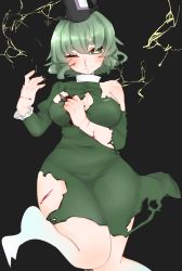 Rule 34 | 1girl, bad id, bad twitter id, belly, black background, blood, breasts, cleavage, commentary request, curvy, cuts, defeat, dress, electricity, eyebrows, facial scar, ghost tail, green dress, green eyes, green hair, gyuunyuu jirou, hair between eyes, hand up, hat, highres, injury, leg up, legs, long sleeves, matching hair/eyes, medium breasts, nosebleed, one eye closed, puffy long sleeves, puffy sleeves, scar, scar on cheek, scar on face, signature, simple background, soga no tojiko, solo, tate eboshi, taut clothes, taut dress, thick eyebrows, thick thighs, thighs, torn clothes, torn sleeves, touhou, turtleneck, twitter username, wide hips