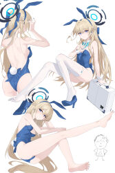 Rule 34 | 1girl, absurdres, adjusting hair, anger vein, animal ears, doodle sensei (blue archive), ass, asymmetrical hair, asymmetrical sidelocks, back, bad hands, bare back, bare legs, bare shoulders, barefoot, blonde hair, blue archive, blue bow, blue bowtie, blue eyes, blue footwear, blue hair, blue leotard, blue nails, bow, bowtie, braid, cameltoe, choppy bangs, collage, cropped legs, detached collar, earphones, earrings, erection, extra digits, fake animal ears, feet, french braid, full body, hair bow, halo, hand on own hip, high heels, highleg, highleg leotard, highres, jewelry, legs, leotard, long hair, looking at viewer, multicolored hair, multiple views, nail polish, no shoes, official alternate costume, playboy bunny, rabbit ears, rabbit tail, sensei (blue archive), shoe dangle, shoes, unworn shoes, sidelocks, soles, spread toes, stiletto heels, suitcase, tail, thighhighs, toe cleavage, toenail polish, toenails, toes, toki (blue archive), toki (bunny) (blue archive), v, white background, white thighhighs, wrist cuffs, yume (454565427)