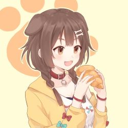 Rule 34 | 1girl, :3, :d, animal collar, animal ears, bone hair ornament, bracelet, braid, brown eyes, brown hair, cartoon bone, chocolate cornet, collar, collarbone, dog ears, dog girl, dress, eating, fang, food, fronrdfcdlz3xua, hair between eyes, hair ornament, hairclip, holding, holding food, hololive, inugami korone, inugami korone (1st costume), jacket, jewelry, light blush, long hair, looking at object, low twin braids, low twintails, off shoulder, open mouth, paw print, paw print background, red collar, smile, solo, twin braids, twintails, upper body, virtual youtuber, white dress, wristband, yellow background, yellow jacket