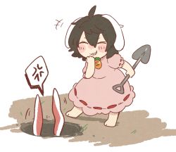 Rule 34 | 2girls, ahoge, anger vein, animal ears, barefoot, black hair, blush stickers, carrot necklace, citrus (place), commentary request, dress, closed eyes, full body, grin, hand up, holding, holding shovel, inaba tewi, multiple girls, necklace, pink dress, pitfall, rabbit ears, reisen udongein inaba, short hair, short sleeves, shovel, smile, spoken anger vein, touhou