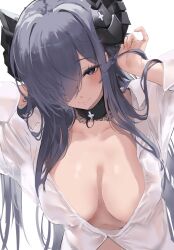 1girl august_von_parseval_(azur_lane) august_von_parseval_(the_unhulde&#039;s_midday_respite)_(azur_lane) azur_lane black_choker black_gloves black_horns blue_eyes blue_hair blush breasts choker cleavage closed_mouth collarbone commentary curled_horns english_commentary frilled_choker frills gloves hair_over_one_eye highres horns large_breasts liaowen long_hair long_sleeves looking_at_viewer official_alternate_costume one_eye_covered see-through_clothes shirt simple_background smile solo upper_body very_long_hair white_background white_shirt