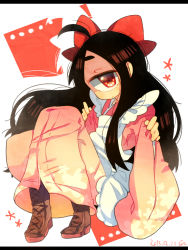 Rule 34 | !, 1girl, ahoge, apron, black hair, boots, bow, brown footwear, closed mouth, cross-laced footwear, cyclops, dated, hair bow, head tilt, high heel boots, high heels, highres, japanese clothes, kimono, long hair, looking at viewer, maid, maid apron, muku-chan (muroku), muroku (aimichiyo0526), one-eyed, original, pink kimono, red bow, red eyes, signature, sitting, solo, wa maid, white apron, wide sleeves