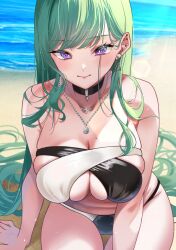 1girl arm_support beach bikini black_bikini black_choker breasts bright_pupils chain chain_necklace choker cross-laced_bikini cross-laced_clothes ear_piercing green_hair hair_behind_ear highres jewelry large_breasts long_hair looking_at_viewer mole mole_on_breast multicolored_bikini multicolored_clothes necklace ocean outdoors piercing purple_eyes roni_dayo sitting skindentation solo strapless strapless_bikini swept_bangs swimsuit two-tone_bikini very_long_hair virtual_youtuber vspo! water white_bikini white_pupils yakumo_beni yakumo_beni_(3rd_anniversary)