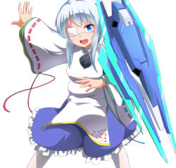 Rule 34 | &gt;:d, 00 qan[t], 00s, 1girl, :d, blue ribbon, blue skirt, cowboy shot, elbow gloves, eyepatch, fighting stance, frilled skirt, frills, gloves, gundam, gundam 00, japanese clothes, kariginu, long sleeves, looking at viewer, machinery, medical eyepatch, mononobe no futo, one eye covered, open mouth, outstretched arm, pantyhose, pom pom (clothes), red ribbon, ribbon, ribbon-trimmed sleeves, ribbon trim, short hair, sidelocks, simple background, skirt, smile, solo, spread fingers, text focus, touhou, v-shaped eyebrows, white background, white hair, white pantyhose, wide sleeves, yocchi (tenyunkel)
