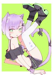 Rule 34 | 1girl, absurdres, animal ears, black camisole, black shorts, boots, borrowed character, camisole, cat ears, cat girl, cat tail, commentary, crop top, eds, from side, green eyes, highres, looking at viewer, midriff, navel, original, purple hair, ribbon, short hair with long locks, short shorts, shorts, skinny, solo, tail, tail ornament, tail ribbon, thighhighs, white thighhighs, wrist cuffs