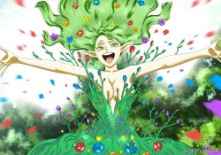 Rule 34 | 1girl, bare shoulders, black clover, breasts, cleavage, dryad (black clover), green eyes, green hair, highres, large breasts, long hair, looking at viewer, open mouth, pointy ears, smile