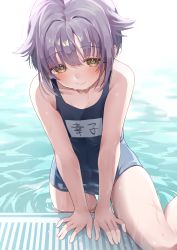 Rule 34 | 1girl, absurdres, arm support, blue one-piece swimsuit, blush, commission, highres, idolmaster, idolmaster cinderella girls, koshimizu sachiko, looking away, name tag, ningen mame, one-piece swimsuit, partially submerged, poolside, purple hair, school swimsuit, skeb commission, smile, solo, swimsuit, water drop