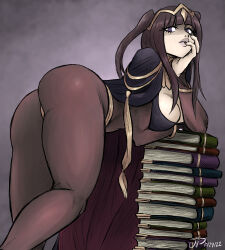 Rule 34 | 1girl, absurdres, arm support, ass, bodystocking, book, book stack, breasts, cleavage, female focus, fire emblem, fire emblem awakening, highres, large breasts, lips, long hair, looking at viewer, nail polish, purple eyes, solo, tharja (fire emblem), thick thighs, thighs, videajames
