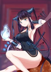 Rule 34 | 1girl, absurdres, armpits, ass, bare shoulders, black dress, blue eyes, blue fire, blunt bangs, blurry, blurry background, blush, breasts, china dress, chinese clothes, cleavage, closed mouth, covered navel, detached sleeves, dress, fate/grand order, fate (series), fire, floral print, flute, hair ornament, hand up, highres, instrument, iro (boo iro), large breasts, long hair, looking at viewer, pipa (instrument), purple hair, side slit, sidelocks, smile, solo, thighs, torii, twintails, very long hair, yang guifei (fate), yang guifei (second ascension) (fate)