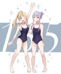 Rule 34 | 2girls, ;d, absurdres, alternate hairstyle, arm up, bang dream!, bare shoulders, barefoot, blonde hair, blue one-piece swimsuit, breasts, chizoku sawa, cleavage, collarbone, commentary request, competition school swimsuit, covered navel, full body, grey hair, hair between eyes, hair bun, highres, long hair, looking at viewer, medium breasts, minato yukina, multiple girls, nail polish, one-piece swimsuit, one eye closed, open mouth, ponytail, purple nails, school swimsuit, sidelocks, single hair bun, small breasts, smile, standing, star (symbol), starry background, swimsuit, teeth, tiptoes, tsurumaki kokoro, upper teeth only, white background, yellow eyes, yellow nails