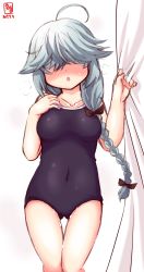 Rule 34 | 1girl, ahoge, alternate costume, artist logo, black one-piece swimsuit, black ribbon, blush, braid, commentary request, competition school swimsuit, cowboy shot, curtains, dated, facing viewer, gluteal fold, grey hair, hair over eyes, hair ribbon, hamanami (kancolle), highres, kanon (kurogane knights), kantai collection, long hair, one-piece swimsuit, ribbon, school swimsuit, simple background, single braid, solo, standing, swimsuit, thigh gap, white background