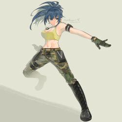 Rule 34 | 1girl, bare shoulders, belt, blue eyes, blue hair, boots, breasts, camouflage, camouflage pants, cleavage, dog tags, earrings, gloves, green pants, highres, jewelry, large breasts, leona heidern, long hair, looking at viewer, pants, ponytail, sakura mafumi, snk, solo, tank top, the king of fighters, the king of fighters xiv, the king of fighters xv, yellow tank top