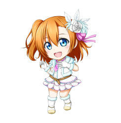 Rule 34 | 10s, 1girl, :d, belt, blue eyes, brown hair, chibi, feather hair ornament, feathers, flower, fur-trimmed gloves, fur trim, gloves, feather hair ornament, hair flower, hair ornament, hair ribbon, highres, kosaka honoka, kuena, love live!, love live! school idol project, necktie, one side up, open mouth, orange hair, ribbon, short hair, side ponytail, simple background, smile, snow halation, solo, standing, vest, white background, white gloves