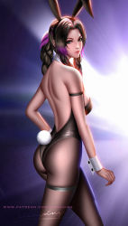 Rule 34 | 1girl, aerith gainsborough, animal ears, arm strap, ass, bare shoulders, black hair, black leotard, braid, braided ponytail, breasts, detached collar, fake animal ears, final fantasy, final fantasy vii, final fantasy vii remake, green eyes, highres, large breasts, leotard, liang xing, lips, long hair, looking at viewer, multicolored hair, pantyhose, parted lips, playboy bunny, profile, rabbit ears, rabbit tail, signature, solo, square enix, strapless, strapless leotard, tail, thigh strap, two-tone hair, watermark, web address, wrist cuffs