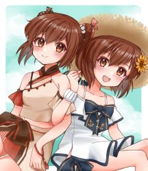 Rule 34 | 2girls, brown eyes, brown hair, casual, cocoperino, collarbone, double bun, dress, dual persona, hair bun, hat, kantai collection, multicolored clothes, multiple girls, open mouth, round teeth, short hair, sitting, skirt, smile, straw hat, sun hat, sundress, tan yang (kancolle), teeth, upper teeth only, white dress, yukikaze (kancolle)