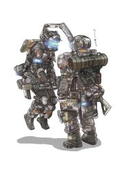Rule 34 | 2boys, a-wall pilot (titanfall 2), animification, assault visor, black bodysuit, bodysuit, camouflage, camouflage gloves, charge rifle, d-101 longbow, energy gun, extra arms, glowing, grapple pilot (titanfall 2), gun, helmet, highres, holding, holding gun, holding weapon, kotone a, lifting person, male focus, multiple boys, pilot (titanfall 2), rifle, science fiction, shadow, sniper rifle, standing, titanfall (series), titanfall 2, weapon, weapon on back, x-55 devotion