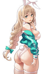 Rule 34 | 1girl, animal ears, ass, bare shoulders, blonde hair, blush, braid, braided ponytail, breasts, detached collar, fake animal ears, green eyes, green jacket, highleg, highleg leotard, highres, jacket, kekemotsu, large breasts, leotard, long hair, long sleeves, looking at viewer, looking back, off shoulder, open clothes, open mouth, original, playboy bunny, rabbit ears, solo, thighhighs, thighs, white leotard
