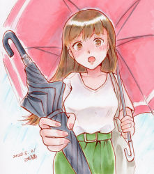 Rule 34 | 1girl, bag, blue background, blush, breasts, brown eyes, brown hair, dated, green skirt, highres, jewelry, kantai collection, long hair, looking at viewer, marker (medium), ooi (kancolle), rain, ring, shirt, signature, skirt, solo, traditional media, umbrella, wedding band, white shirt