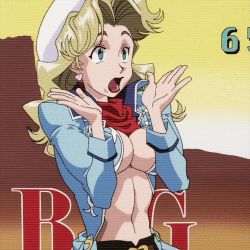 Rule 34 | 1990s (style), 1girl, :o, animated, animated gif, blonde hair, breasts, breasts apart, breasts squeezed together, center opening, cleavage, cowboy bebop, cowboy hat, earrings, female focus, green eyes, hat, heart, heart earrings, jacket, jewelry, judy (cowboy bebop), lips, lipstick, long hair, long sleeves, looking at viewer, looking away, lowres, makeup, medium breasts, navel, neckerchief, no bra, open clothes, open mouth, outstretched arms, red lips, red scarf, retro artstyle, scarf, solo, standing, upper body, wavy hair, white hat