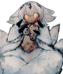 Rule 34 | 13 31n, 1girl, animal ears, body fur, claws, collarbone, commentary request, dark-skinned female, dark skin, ears down, extra arms, faputa, feet out of frame, goggles around breasts, hands up, head tilt, highres, horns, indian style, looking at viewer, made in abyss, monster girl, multicolored eyes, multiple tails, navel, open mouth, orange eyes, orange pupils, signature, simple background, sitting, solo, straight-on, tail, tareme, triangle mouth, white background, white fur, white hair, yellow eyes