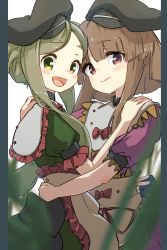 Rule 34 | 2girls, :d, apron, back bow, black bow, black headwear, blunt bangs, blush, bow, brown hair, dress, frilled sleeves, frills, from side, green dress, green eyes, green hair, hat, highres, hug, large bow, looking at viewer, looking to the side, multiple girls, nishida satono, open mouth, pillarboxed, protected link, puffy short sleeves, puffy sleeves, purple dress, purple eyes, ribbon, short hair, short hair with long locks, short sleeves, simple background, smile, tate eboshi, teireida mai, touhou, uisu (noguchipint), waist apron, white background