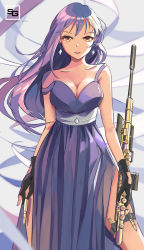 Rule 34 | 1girl, bare shoulders, black gloves, blush, breasts, bullet, cleavage, commentary request, cowboy shot, dress, earrings, gloves, gun, hair between eyes, highres, holding, holding gun, holding weapon, jewelry, long hair, looking at viewer, love live!, love live! school idol festival, love live! school idol project, medium breasts, parted lips, purple hair, qianqian, rifle, side slit, sleeveless, sleeveless dress, smile, sniper rifle, solo, sonoda umi, standing, strap slip, weapon, yellow eyes