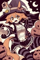 Rule 34 | + +, 1girl, alternate costume, animal ears, breasts, chest sarashi, clover hair ornament, crescent moon, ears through headwear, fangs, garter straps, gloves, hair ornament, halloween, hat, highres, holding orb, horse ears, horse girl, horse tail, jack-o&#039;-lantern, limited palette, matikanefukukitaru (umamusume), medium breasts, midriff, moon, navel, night, object through head, orb, pumpkin, sarashi, screw in head, simoyuki, solo, stitches, striped clothes, striped gloves, striped thighhighs, tail, thighhighs, umamusume, witch, witch hat