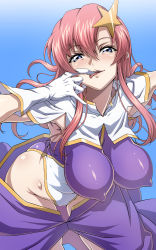 Rule 34 | 1girl, blue eyes, breasts, cameltoe, covered erect nipples, gloves, gundam, gundam seed, gundam seed destiny, hair ornament, highleg, highleg leotard, highres, impossible clothes, impossible leotard, large breasts, leotard, long hair, looking at viewer, meer campbell, naughty face, pink hair, purple leotard, shiny clothes, shiny skin, skin tight, smile, solo, standing, star (symbol), star hair ornament, syunzou, tongue, tongue out