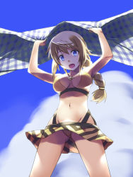 Rule 34 | 10s, 1girl, arms up, beach towel, bikini, blonde hair, blue eyes, braid, breasts, charlotte dunois, cleavage, day, from below, highres, infinite stratos, jewelry, large breasts, long hair, looking at viewer, navel, open mouth, pendant, single braid, sky, solo, swimsuit, tetsuwan woopie, towel