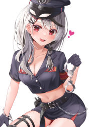 Rule 34 | 1girl, :d, belt, black belt, black gloves, black shirt, black shorts, blush, breasts, cleavage, crop top, cuffs, divergenceok, ear piercing, fang, gloves, grey hair, hair ornament, hairclip, handcuffs, hat, heart, highres, holding, holding handcuffs, hololive, long hair, midriff, open mouth, piercing, red eyes, sakamata chloe, shirt, shorts, simple background, smile, solo, virtual youtuber, white background