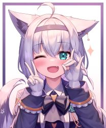 Rule 34 | 1girl, ;d, absurdres, ahoge, animal ears, aqua eyes, black hairband, blush, braid, commentary request, deaver, fang, fox ears, fox girl, fox shadow puppet, fox tail, gloves, hair between eyes, hairband, hands up, highres, hololive, long sleeves, looking at viewer, one eye closed, open mouth, shirakami fubuki, shirakami fubuki (aristocrat kei), single braid, smile, solo, tail, upper body, v, virtual youtuber, white gloves, white hair