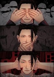 Rule 34 | 2girls, 5boys, arms up, black eyes, black hair, blood, blood on face, closed mouth, covering own ears, covering own eyes, covering own mouth, ear piercing, frown, getou suguru, hair pulled back, hands up, highres, jujutsu kaisen, long sleeves, looking at viewer, makoto03 724, male focus, multiple boys, multiple girls, parted lips, piercing, shirt, short hair, smile, three monkeys, white shirt