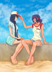 Rule 34 | 10s, 2girls, alternate hairstyle, arm support, artist name, bandages, bandaid, bandaid on knee, bandaid on leg, bare legs, barefoot, baseball cap, beach, black hair, blue nails, blue sky, blush, braid, casual, cloud, collarbone, crooked teeth, crossed ankles, cutoffs, dirty, dirty feet, dress, artistic error, fang, floral print, hand on another&#039;s hat, hands on lap, happy, hat, unworn hat, unworn headwear, herokick, highres, jewelry, kill la kill, kiryuuin satsuki, legs together, long hair, looking at another, matoi ryuuko, multicolored hair, multiple girls, nail polish, on wall, open mouth, outdoors, ponytail, print dress, ring, sand, sand on skin, scar, shirt, short dress, short ponytail, short shorts, short sleeves, shorts, sitting, sky, smile, streaked hair, t-shirt, tan, taut clothes, taut shirt, toenail polish, toenails, toes, twin braids, two-tone hair, very long hair, wall