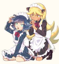 1boy 1girl adjusting_clothes adjusting_headwear alternate_costume alternate_hairstyle androgynous apron arm_up back_bow behind_another between_legs black_dress black_footwear blonde_hair boots bow bowtie bright_pupils closed_mouth crossdressing daiouji_ema double-parted_bangs dress enmaided flipped_bangs flipped_hair full_body grey_background hand_between_legs hands_up juliet_sleeves kirigakure_ranto long_hair long_sleeves looking_at_another maid maid_headdress medium_hair mersey open_mouth puffy_sleeves red_bow red_bowtie seiza sidelocks simple_background sitting smile split_mouth swept_bangs very_long_hair white_apron white_bow white_pupils yellow_eyes youkai_watch