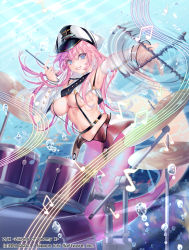 Rule 34 | 1girl, afterimage, air bubble, armpits, bare shoulders, belt, black belt, blue eyes, blurry, blurry background, blush, breasts, bubble, commentary request, cymbals, detached sleeves, drum, drum set, drumsticks, full body, grin, hair between eyes, hat, highres, holding, holding drumsticks, instrument, large breasts, light rays, lipstick, long hair, looking at viewer, makeup, mermaid, monster girl, music, musical note, navel, obiwan, original, peaked cap, pink hair, playing instrument, shirt, sidelocks, sleeveless, sleeveless shirt, smile, solo, spinning, stomach, sunbeam, sunlight, suspenders, underboob, underwater, watermark, white hat, white shirt, white sleeves, z/x