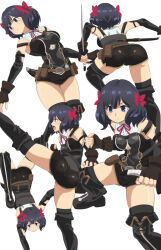 1girl ass black_hair black_shorts black_thighhighs blue_eyes blunt_bangs boots breasts brown_gloves center_frills fingerless_gloves frilled_shirt frills gloves handstand medium_breasts medium_hair multiple_views nageki_no_bourei_wa_intaishitai neck_ribbon one_arm_handstand raibado red_ribbon ribbon romper shirt shorts simple_background sleeveless thick_thighs thighhighs thighs tino_shade white_background white_shirt