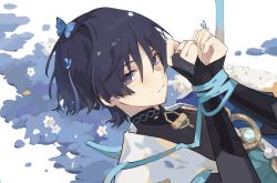 Rule 34 | 1boy, black hair, black shirt, blue ribbon, blush, bound, bound arms, bridal gauntlets, closed mouth, expressionless, flower, genshin impact, highres, jacket, japanese clothes, looking at viewer, male focus, multicolored hair, purple eyes, purple hair, ribbon, scaramouche (genshin impact), shimianaya, shirt, solo, turtleneck, vision (genshin impact), wanderer (genshin impact), white flower, white jacket