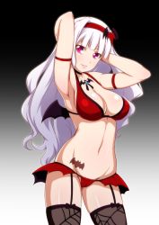 Rule 34 | 1girl, adapted costume, armpits, arms up, bikini, blush, breasts, cameltoe, cleft of venus, female focus, garter straps, hairband, idolmaster, idolmaster (classic), jabara tornado, large breasts, long hair, looking at viewer, my dear vampire, navel, red eyes, shijou takane, silver hair, smile, solo, spider web print, swimsuit, tattoo, thighhighs