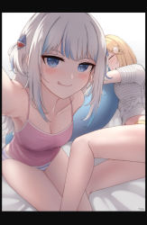 Rule 34 | 2girls, absurdres, alternate breast size, bare legs, bed, blonde hair, blue eyes, blue hair, blush, breasts, camisole, cleavage, fins, fish tail, gawr gura, grin, hair between eyes, hair ornament, highres, hololive, hololive english, lying, medium breasts, medium hair, multicolored hair, multiple girls, on side, outstretched arms, panties, pink camisole, selfie, shark girl, shark hair ornament, shark tail, shirt, silver hair, sleeping, smile, streaked hair, striped clothes, striped panties, tail, tfqr, thighs, underwear, virtual youtuber, watson amelia, white shirt